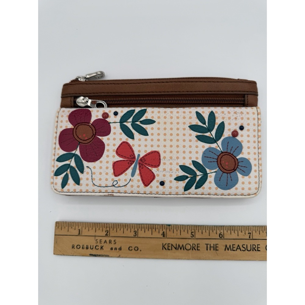 Kim Rogers Floral Butterfly Embroidered Smartphone Wallet Clutch Tan White